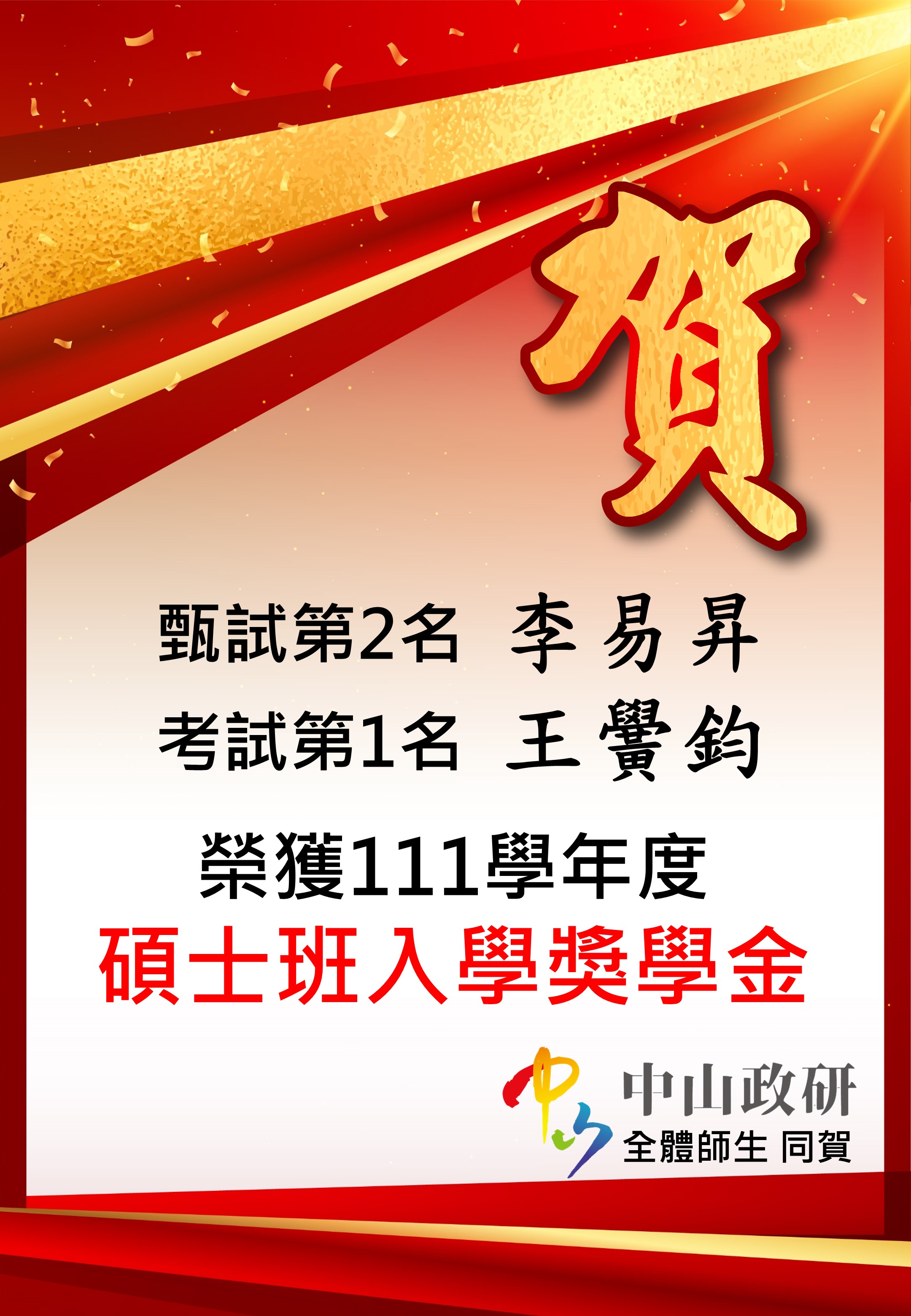 111學年度碩士班入學獎學金公告