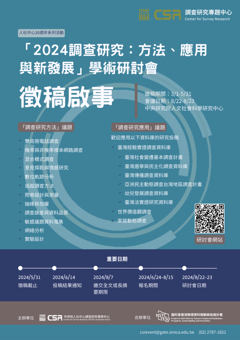 【徵稿啟事】「2024調查研究:方法、應用與新發展」學術研討會
