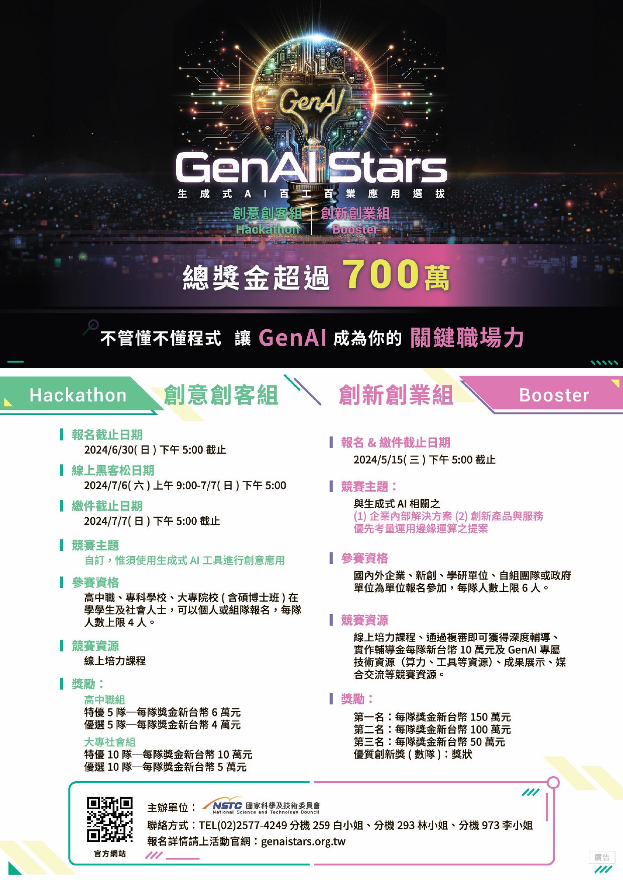 【競賽轉知】國家科學及技術委員會(以下簡稱國科會)第一屆「GenAI Stars生成式AI百工百業應用選拔」5/15截止